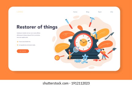 Restorer web banner or landing page. Artist restores an ancient statue, old painting and furniture. Person carefully repair old art object. Vector illustration in cartoon style