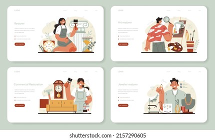 Restorer web banner or landing page set. Artist restores an ancient statue, old painting and furniture. Jewelry restorer. Person carefully repair old art object. Vector illustration in cartoon style