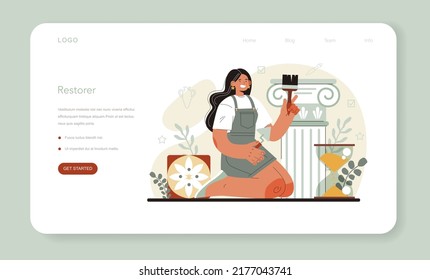 Restorer web banner or landing page. Artist restores an ancient statue, old painting and furniture. Jewelry restorer. Person carefully repair old art object. Vector illustration in cartoon style