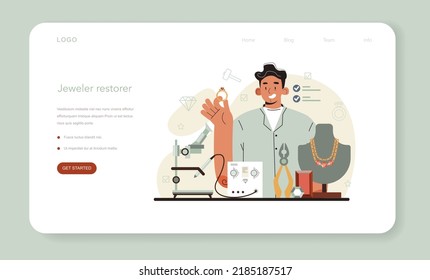 Banner web del restaurador o página de inicio. El artista restaura una joyería, accesorios de piedras preciosas. La persona reparará cuidadosamente objetos de arte antiguos. Ilustración vectorial en estilo de caricatura