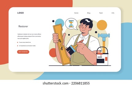 Restorer web banner or landing page. Draper restoring, decorating and painting old furniture. Draper renewing and repairing upholstery. Flat vector illustration