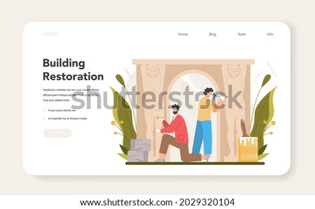 Restorer web banner or landing page. Artist restoring an ancient statue on old building. Person carefully repair old art object. Vector illustration in cartoon style