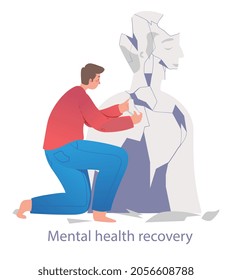 Restoring Mental Health. Man collect his plaster sculpture piece by piece. Metaphor for treatment of psychological and emotional problems. Cartoon flat vector illustration isolated on white background