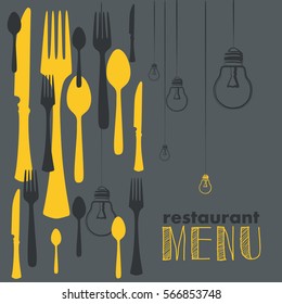 Restourant menu, fork, knife, spoon, icon, bulb background