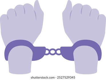 Restrained by metal cuffs, typically used to detain suspects.