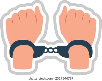 Restrained by metal cuffs, typically used to detain suspects.