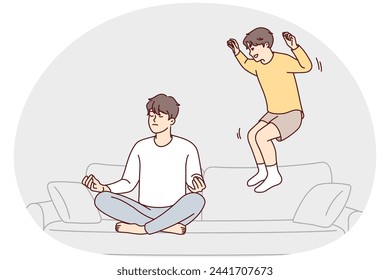 Hombre moderado sentado con las piernas cruzadas haciendo yoga ignorando a su hermano menor saltando en el sofá. Adolescente niño retozo con ganas de distraer a su padre de la meditación y llamar la atención sobre sí mismo. Imagen vectorial plana