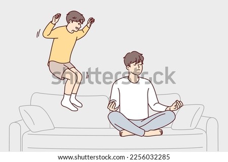 Restrained man sitting cross-legged doing yoga ignoring younger brother jumping on couch. Teenage boy frolic wanting to distract father from meditation and draw attention to himself. Flat vector image