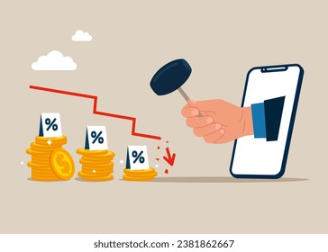 Restraint fall in stock quote. Uses sledgehammer and breaks arrow. Vector illustration