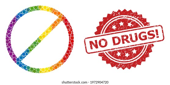 Restrict collage icon of spheric blots in variable sizes and LGBT color shades, and No Drugs Exclamation corroded rosette seal. A dotted LGBT-colored Restrict for lesbians, gays, transgenders, and