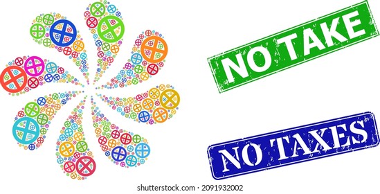 Restrict icon colored explosion bang petals fireworks shape, and grunge No Take seal. Blue No Taxes and green No Take rectangle grunge seal stamps.