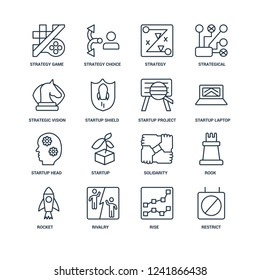 Restrict, Rise, Rivalry, Rocket, Rook, Strategy game, strategic Vision, startup Head, Project Search outline vector icons from 16 set