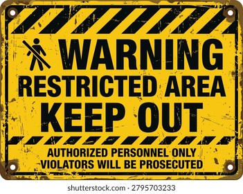 Restricted area keep out warning sign. Security and safety related warning signs: authorized personnel only, prohibited access, restricted zone protection, workplace compliance, industrial security and hazard area control. Editable vector template. Vector illustration.