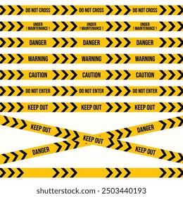 Restricted or construction area tape design with different text and blank space. Do not enter seamless sign with black and yellow colors. crime scene restriction tape vector for police.