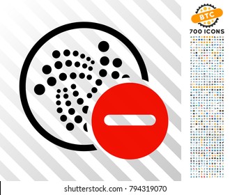 Restricted Iota icon with 7 hundred bonus bitcoin mining and blockchain symbols. Vector illustration style is flat iconic symbols design for crypto-currency software.