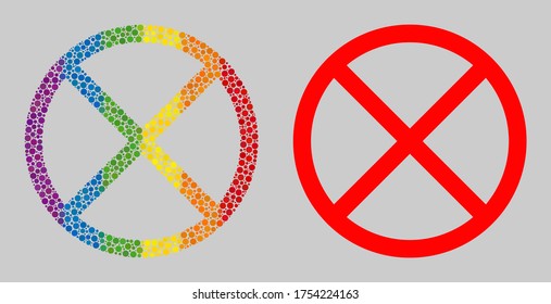 Restricted mosaic icon of circle elements in various sizes and spectrum colored color hues. A dotted LGBT-colored Restricted for lesbians, gays, bisexuals, and transgenders.