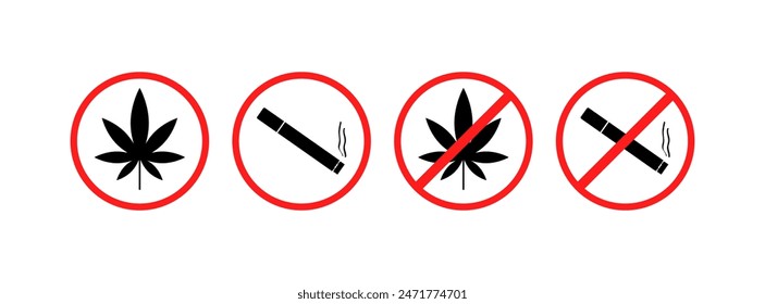 Restricted Substances Set Icons. Smoking Prohibited Icons. Silhouette and Flat Styles. Vector icons.