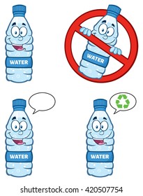 Restricted Symbol Over A Water Plastic Bottle Cartoon Mascot Character. Set Vector Collection Isolated On White