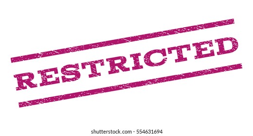 Restricted watermark stamp. Text tag between parallel lines with grunge design style. Rubber seal stamp with dust texture. Vector purple color ink imprint on a white background.