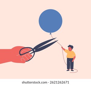 Restriction children rights. Boy holds balloon as a symbol of dreams and parental hand approaches with scissors to cut the rope. Boundary between care and suppression, freedom and intervention. vector