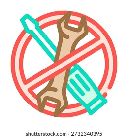 Restriction circle indicating no tools allowed for fixing or maintenance, symbolizing a prohibition on repairs, unauthorized tinkering, or diy attempts
