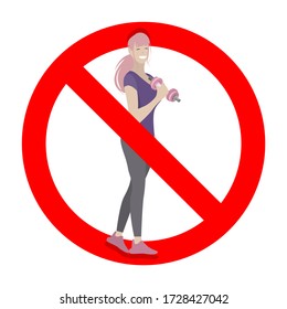 Restriction do exercise for women, ban symbol. Illustration forbidden girl training, non female lift strength in gym, stop heavy weight vector