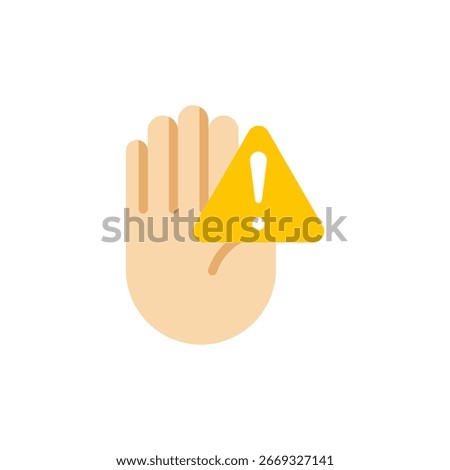 Restriction icon with hand holding yellow warning sign for caution symbol suitable for warning messages and safety communication designs.