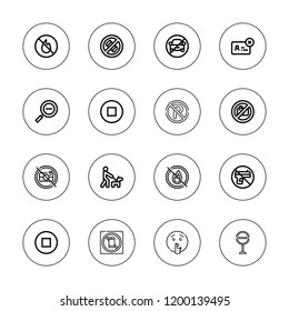 Restriction icon set. collection of 16 outline restriction icons with denied, no camera, no fire allowed, restricted, stop, walk icons.