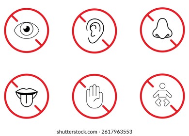 Restriction icon set, Don't Watch, Hear, Smell, Don't Teste, Don't Touch, Restriction on entrance of kid, symbol, Danger icon set, Restriction icon set, customizable stroke