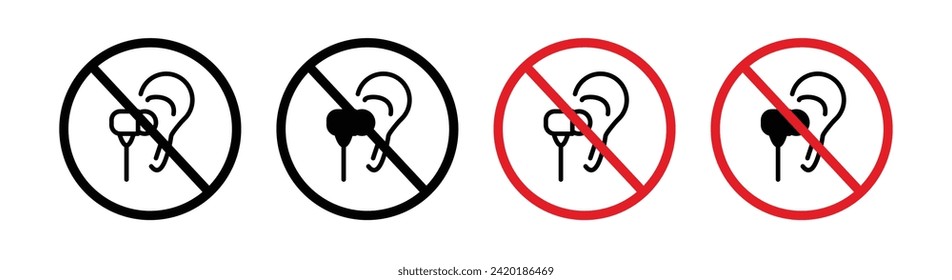 Restricción del icono de línea de uso de auriculares. Icono de uso prohibido de auriculares en color blanco y negro.