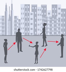 Restriction of physical contact - red arrows - distance between people, city landscape - vector. Social distance.