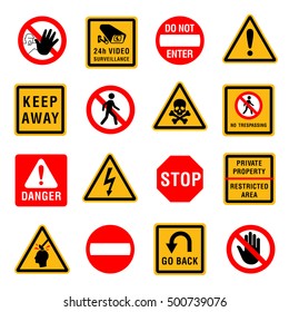 Restriction sign set. Forbidden entry, stop, private property, video surveillance, keep away, danger, no trespassing, go back, restricted area icon collection. Vector illustration. Isolated.