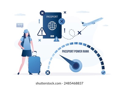 Restricciones para los ciudadanos de algunos países, bajo rango global de poder de pasaporte. Falsificación de documentos de identidad. Pasaporte denegado o equivocado, ciudadanía. Mujer infeliz turista sostiene equipaje, documento para viajar.