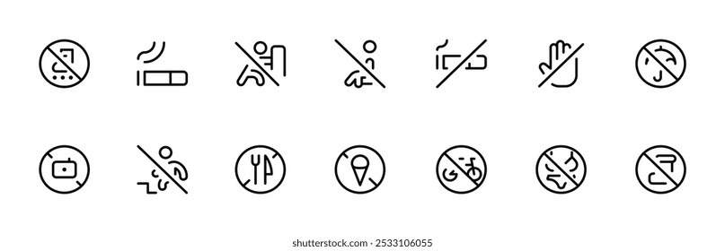 Restrictions icon set. Elements such as no cycle, no smoking, no food, caution icons set vector editable stroke outline icon isolated on white background flat vector illustration.