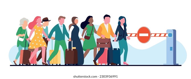 Restrictions on entry or exit, disgruntled passengers standing in front of sign passage is closed. Entrance to airport or private property. Cartoon flat style isolated