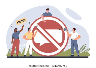 Restrictions on freedom of speech concept. Men and women near prohibition sign with crossed out speech bubble. Activists at protest, freedom and democracy. Cartoon flat vector illustration