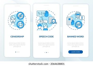 Einschränkungen für Hassreden auf dem mobilen App-Bildschirm. Sprachcode-exemplarische Vorgehensweise in 3 Schritten Grafikanweisungen mit Konzepten. UI, UX, GUI-Vektorvorlage mit linearen Farbillustrationen