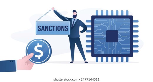 Restrictions on purchase and use of semiconductors and electronic components. Big microchip. Politician hold placard - sanctions. Trade and political wars between countries and corporations. vector