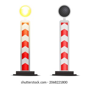 Restrictive cone striped white and red road. Road block with signal lamp. Barricade safety barrier construction.