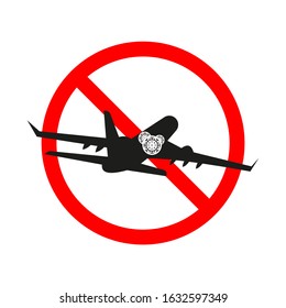Restrictive red crossed out sign with a black silhouette of a flying plane and a coronavirus sign. Vector illustration isolated on a white background. Coronavirus in China