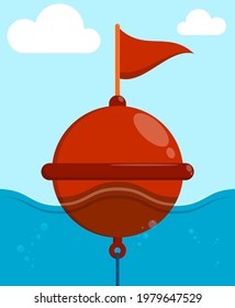 restrictive sea buoy on waves in cartoon style. Regulation and safety of shipping in ocean. Color vector