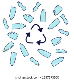 Restrictive sign and plastic garbage, bottle, plastic conteners. Eco problem banner. Vector illustration. Plastic pollution concept