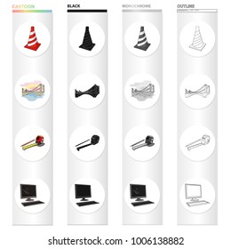 Restrictive striped cone, bridge, city architecture, pencil and roulette, computer. Architecture set collection icons in cartoon black monochrome outline style vector symbol stock illustration web.