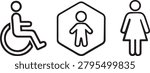 Restroom and accessibility icon set featuring wheelchair symbol, child facility sign, and women’s restroom icon for inclusive design, public spaces, signage, accessibility, and family‑friendly projects