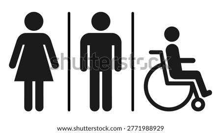 Restroom and accessibility signage collection in flat monolithic style, male, female, restroom, toilet, and wheelchair