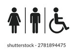 Restroom and accessibility signage collection in simple black symbols, gender neutral, handicap, female, male, and public