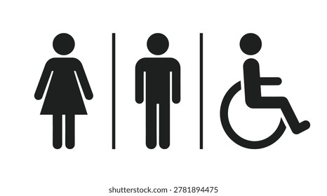 Restroom and accessibility signage collection in simple black symbols, gender neutral, handicap, female, male, and public