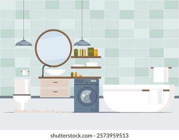 Restroom. Bathroom interior with bath, toilet, washbasin, mirror, shelves, towels and washing machine. flat vector illustration