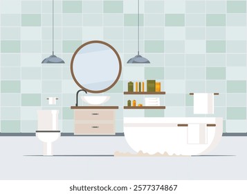 Restroom. Bathroom interior with bath, toilet, washbasin, mirror, shelves, towels and washing machine. flat vector illustration