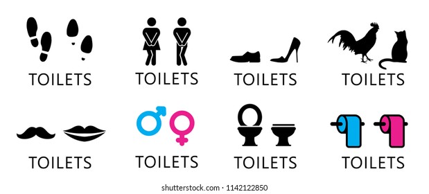 Restroom or bathroom for man and woman to peeing. Human handicap toilets with wheelchair logo. Funny vector WC pictogram icon or sign. World toilet day. Stickman bath room. Unisex. Clean the toilets